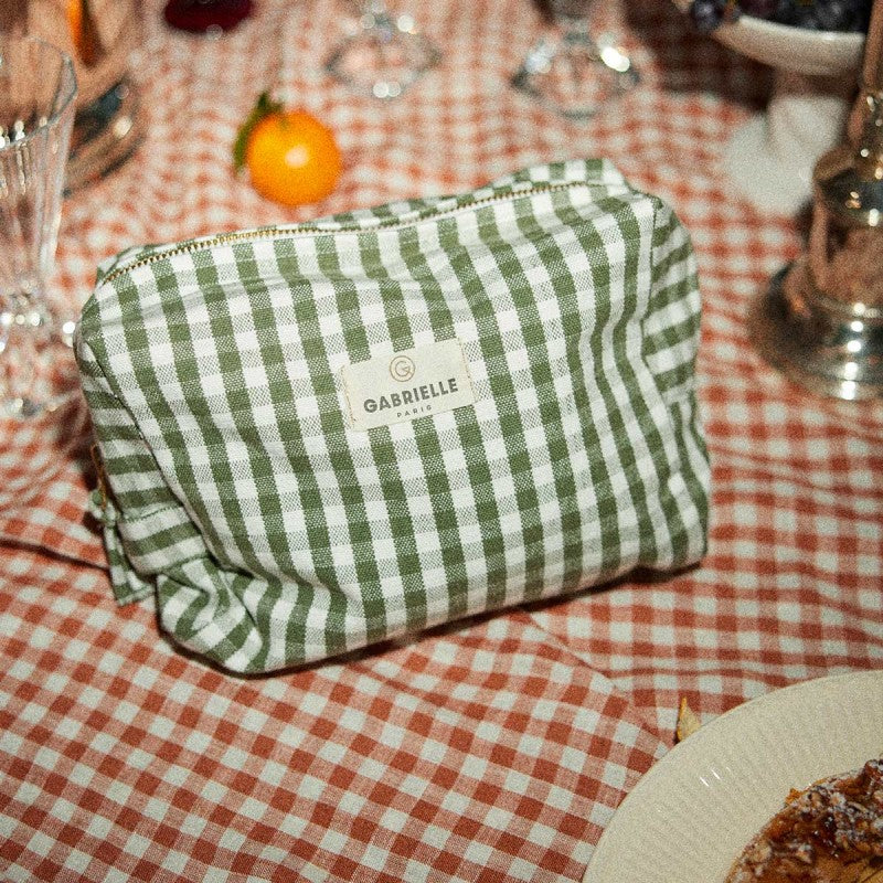 Trousse de Toilette en Coton Vichy Kaki