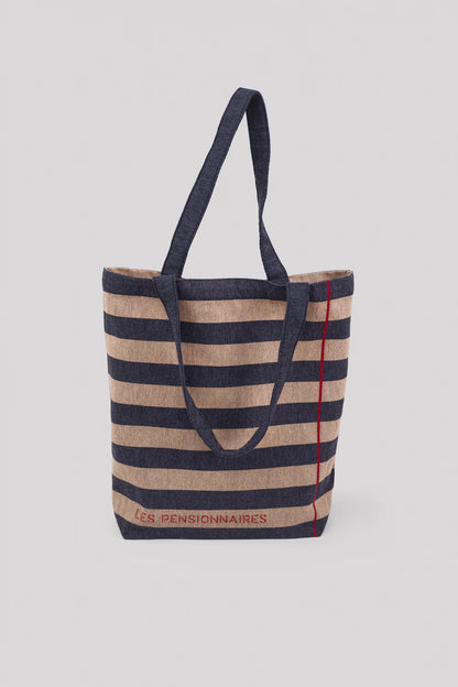 Tote Bag Rayé en Fibres Recyclées - Gris et Beige
