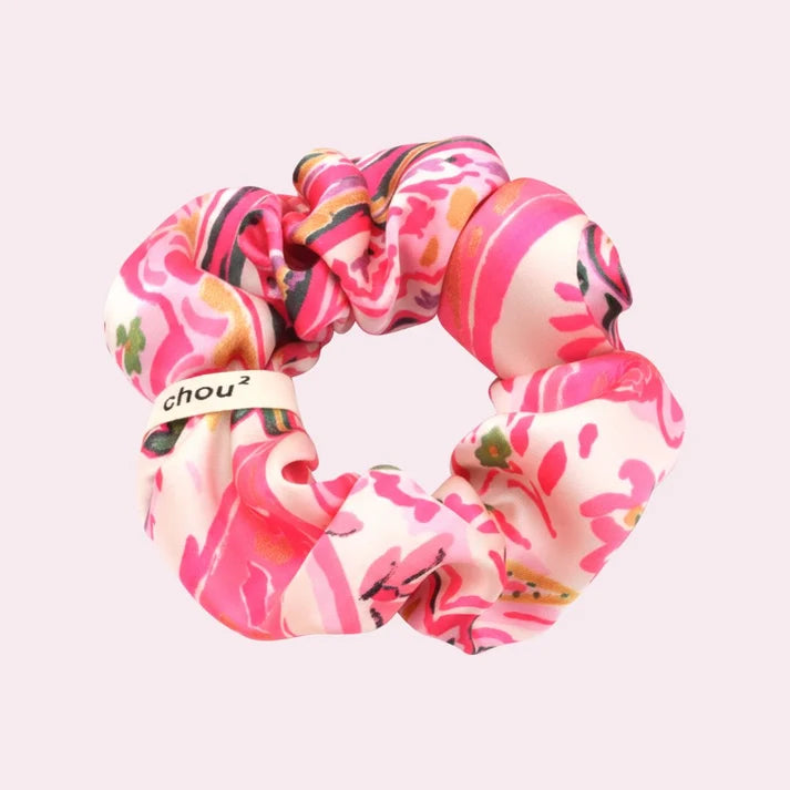 Grand Chouchou Satin Imprimé Rose - Motif Foulard
