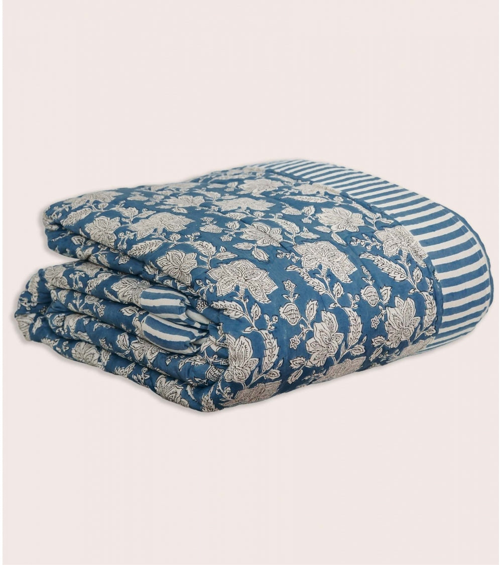 Edredon Couette Indienne en Coton Rang Bleu 160 x 225