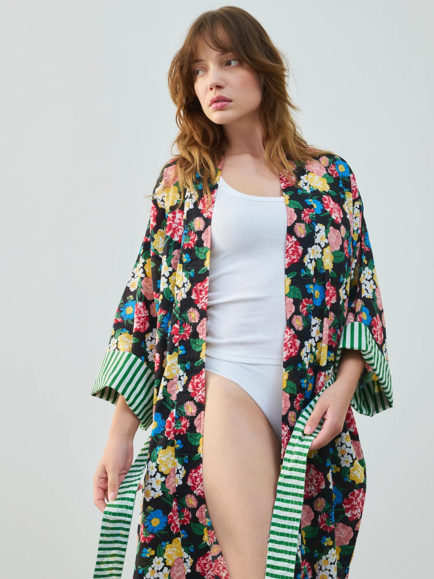 Kimono Long en Coton Flora Black Ground