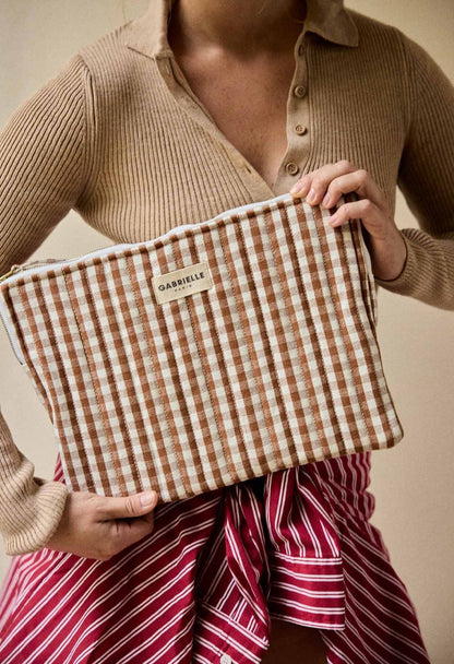 Pochette Ordinateur en Coton Vichy Moka