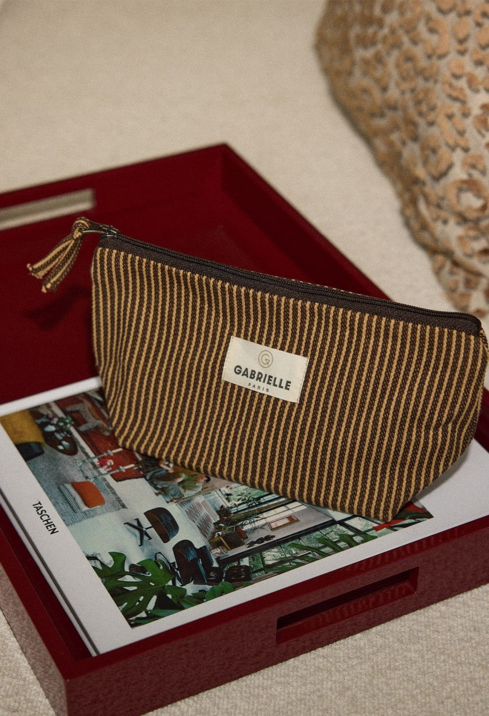 Trousse de Beauté en Coton Rayures Café