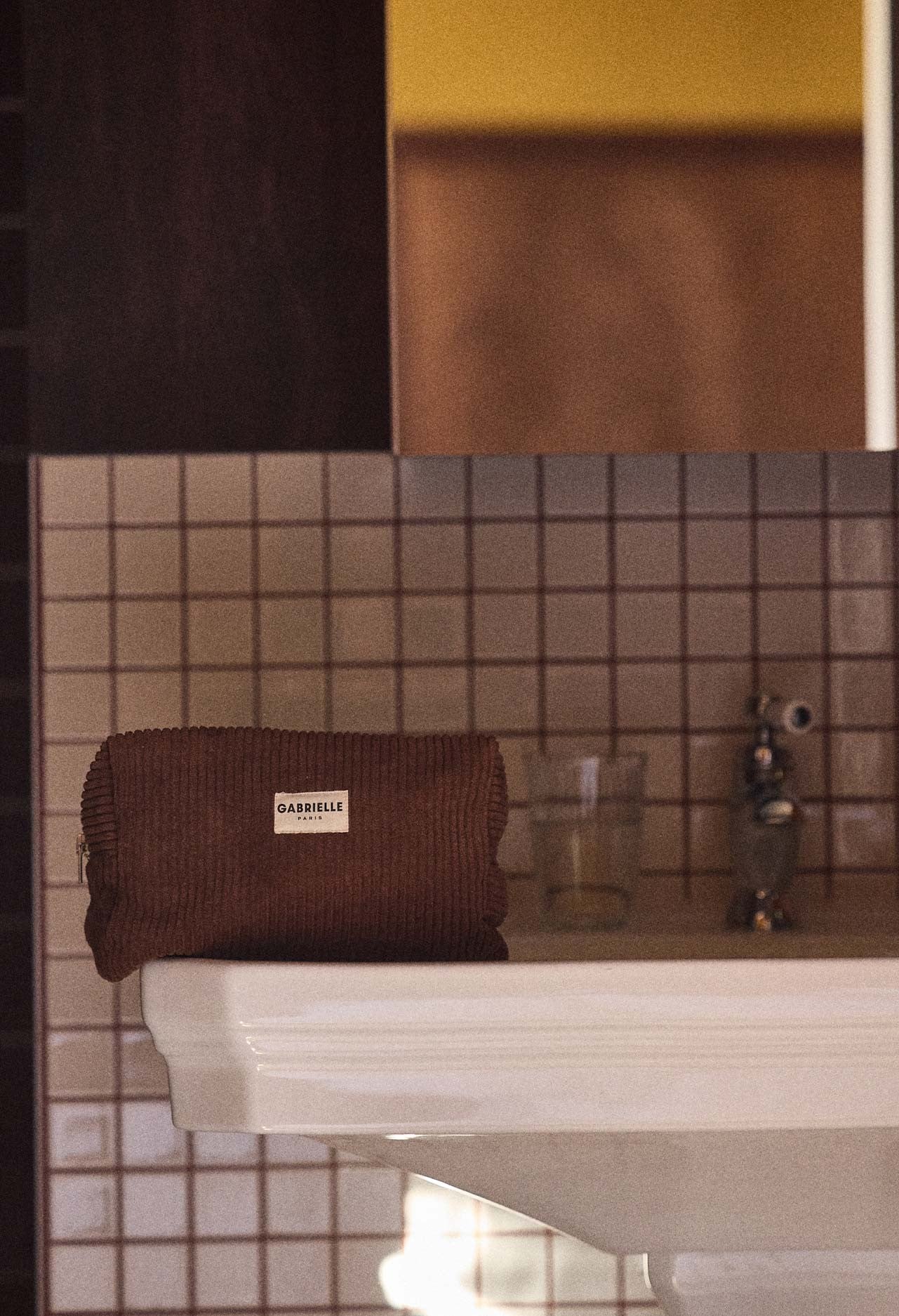 Trousse de Toilette en Coton Velours Camel