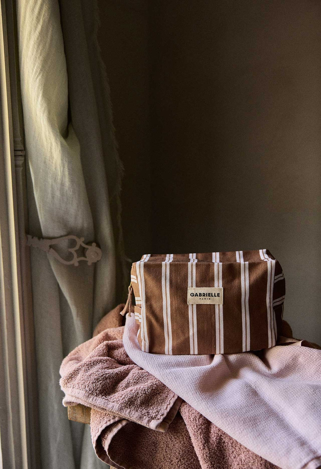 Trousse de Toilette en Coton Rayures Noisette